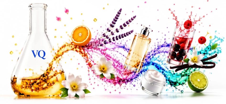 Frasco de laboratorio VELAQUIMICOS con una explosion de fragancias y sabores: naranja, lavanda, perfume, frutos rojos, crema, lima y vainilla